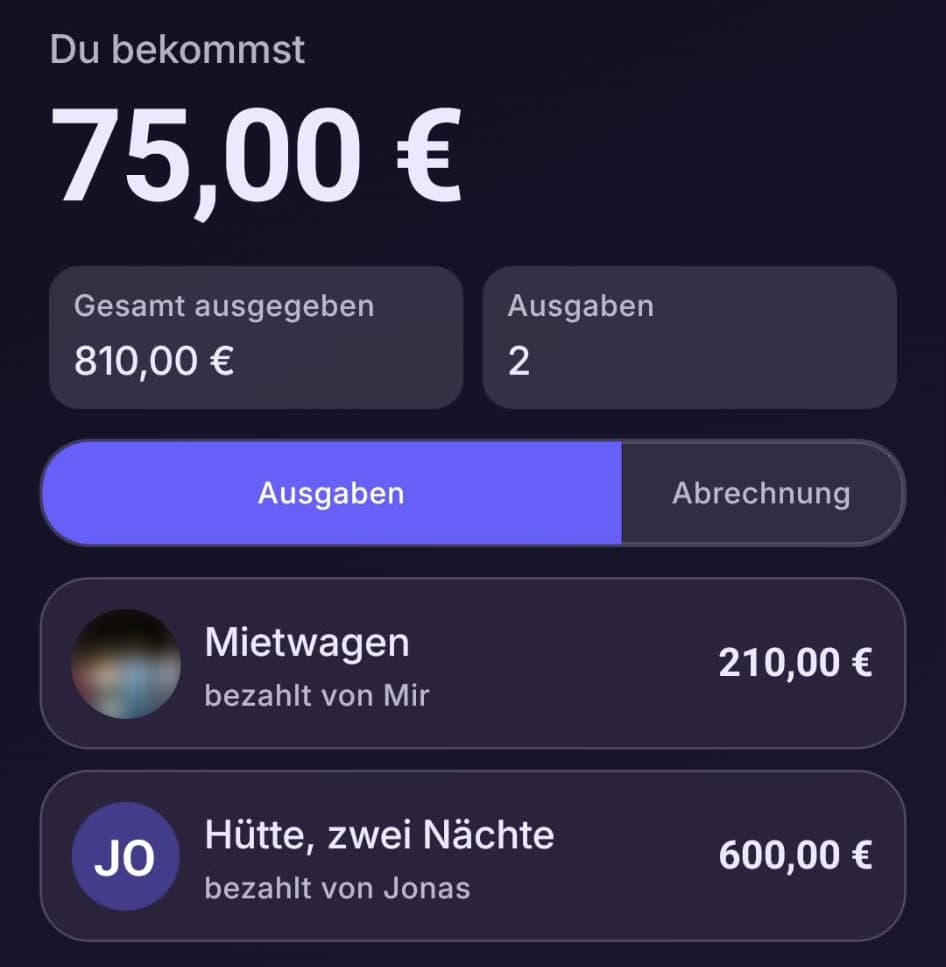 Kostenteiler in Avygo: „Du bekommst 75,00 €“. Gesamt ausgegeben 810,00 € in zwei Ausgaben: Mietwagen 210,00 € und Hütte, zwei Nächte 600,00 €, bezahlt von Jonas.